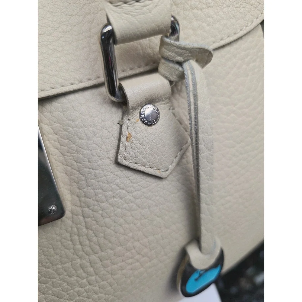 Dooney & Bourke Large Flap Satchel Cream Pebbled Leather Silver Lock Top Handle